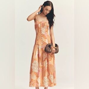 NWT Farm Rio x Anthropologie Linen Blend Strapless Drop-Waist Maxi Dress